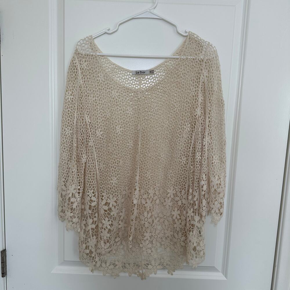 Women's Floral Crochet Beige Bohemian Festival Cover Up Cottage Top Size M